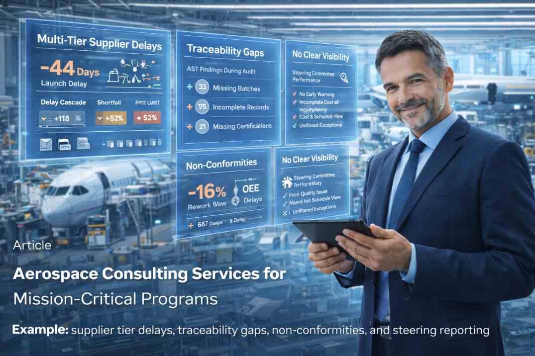 Aerospace consulting services for mission-critical programs with supplier recovery, traceability, and industrial steering dashboards