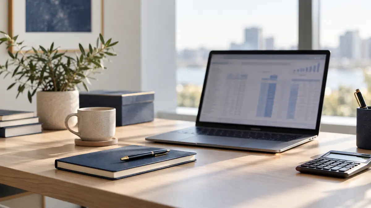 Desk with a laptop and calculator for preparing a 13-week cash flow forecast