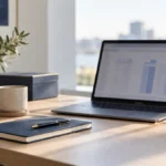 Laptop, notebook and calculator on a desk for decision rights matrix planning