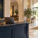 Laptop on an elegant hotel reception counter for hotel channel contribution planning