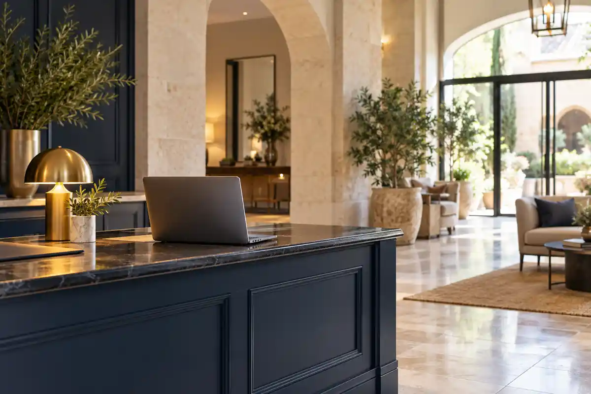 Laptop on an elegant hotel reception counter for hotel channel contribution planning
