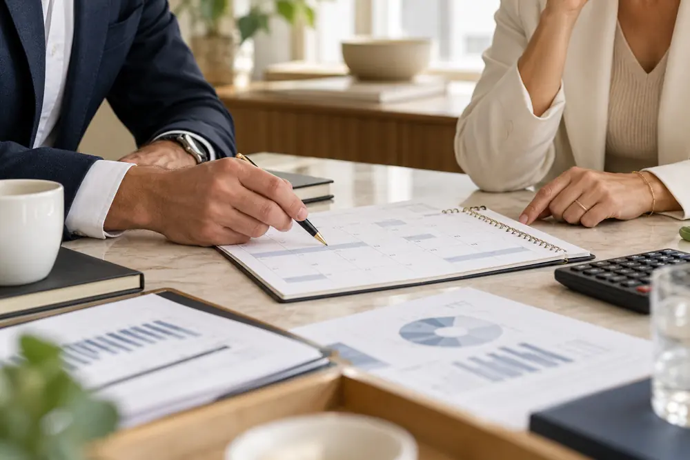 Colleagues review payment timing for a weekly liquidity plan and 13-week cash flow forecast